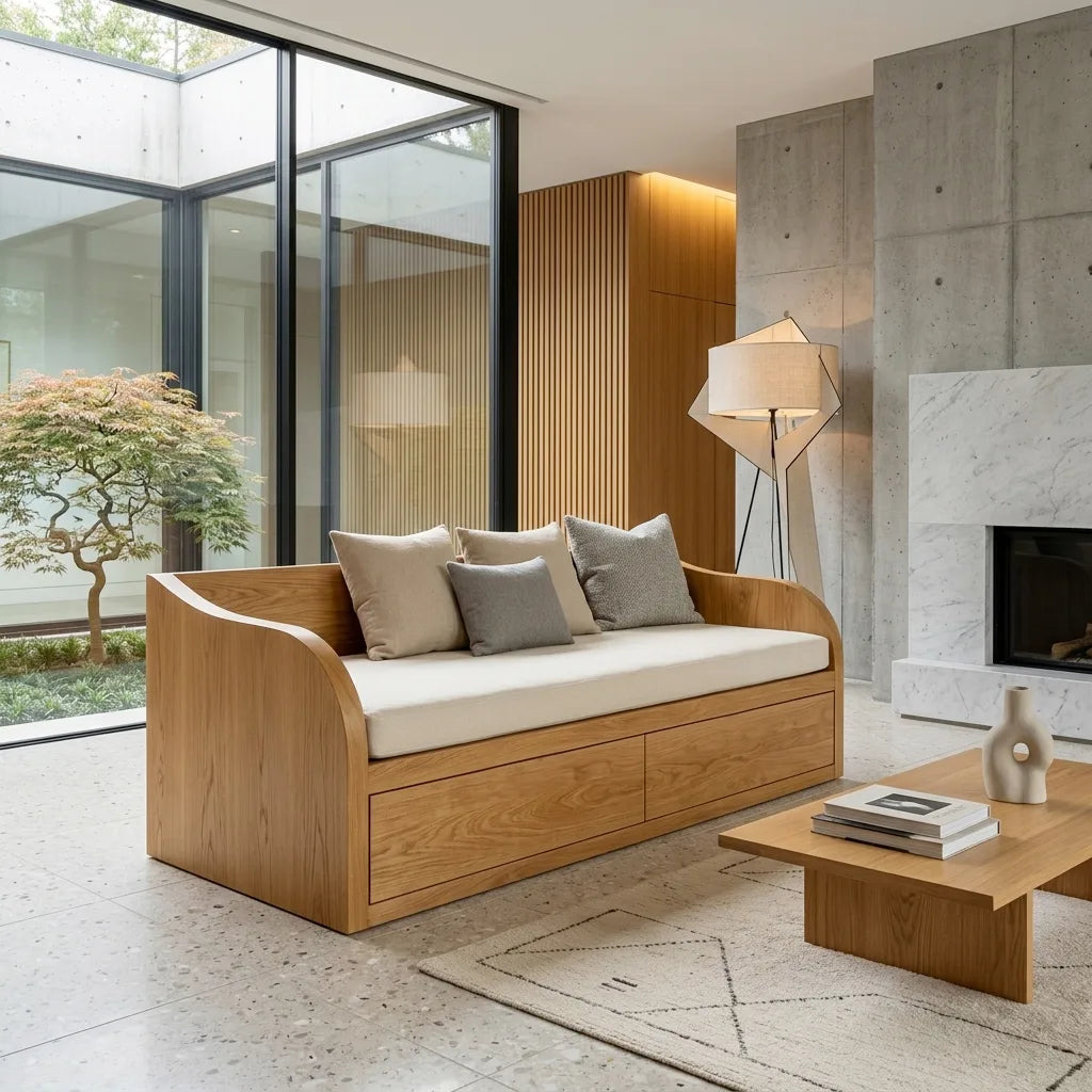 Modern Wooden Sofa With Integrated Drawers For Living Room