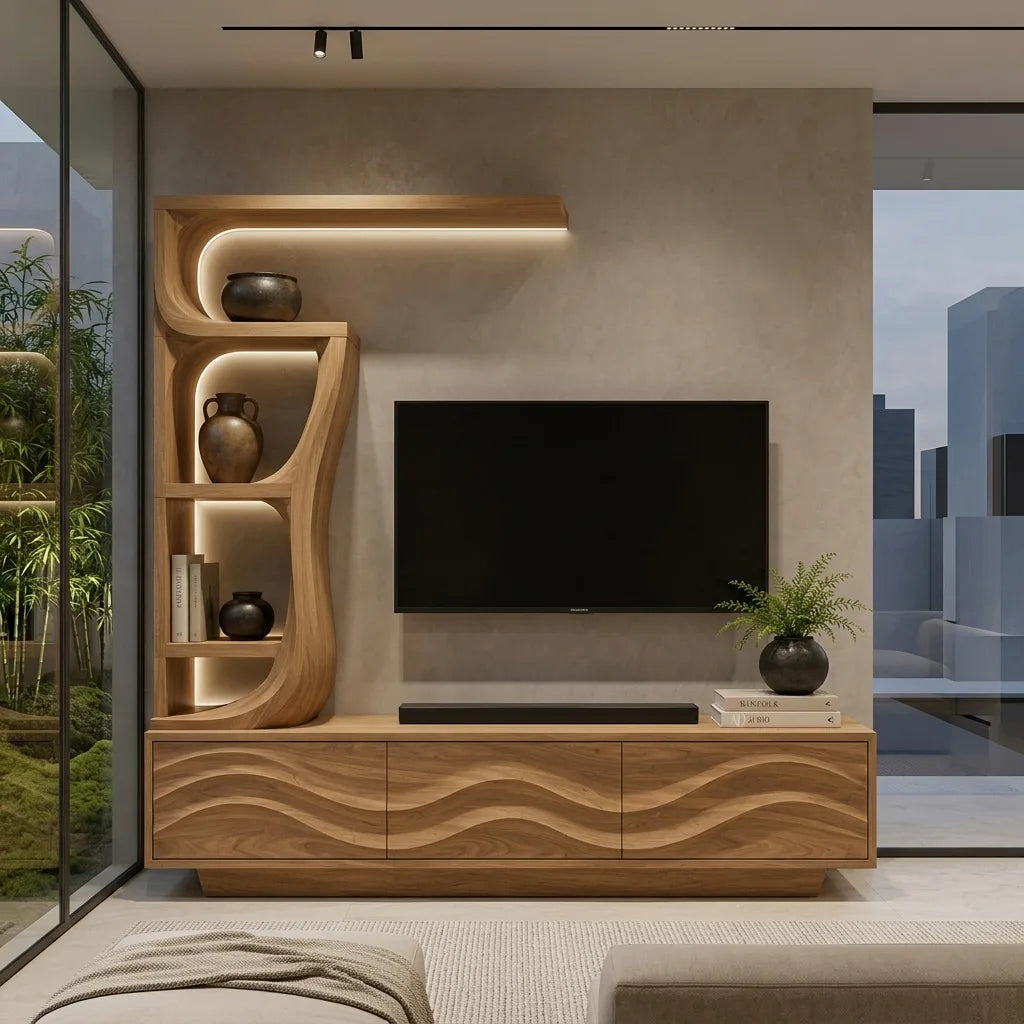 Contemporary Wave Carved Wooden TV Stand With Shelf For Living Room