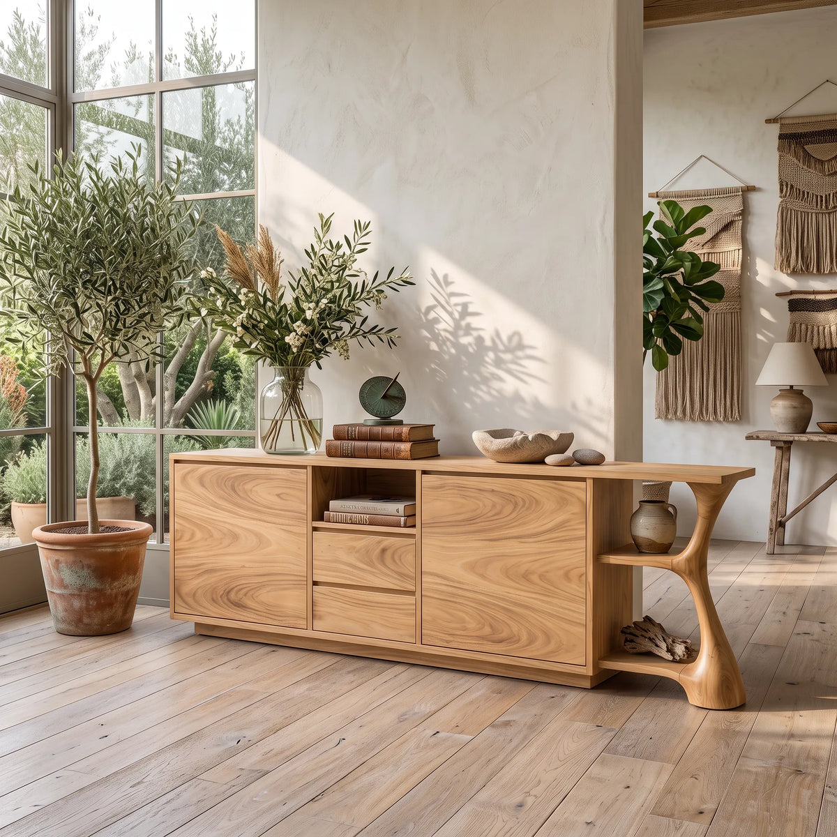 Rustic Relief Carved Sideboard Cozy Living Room