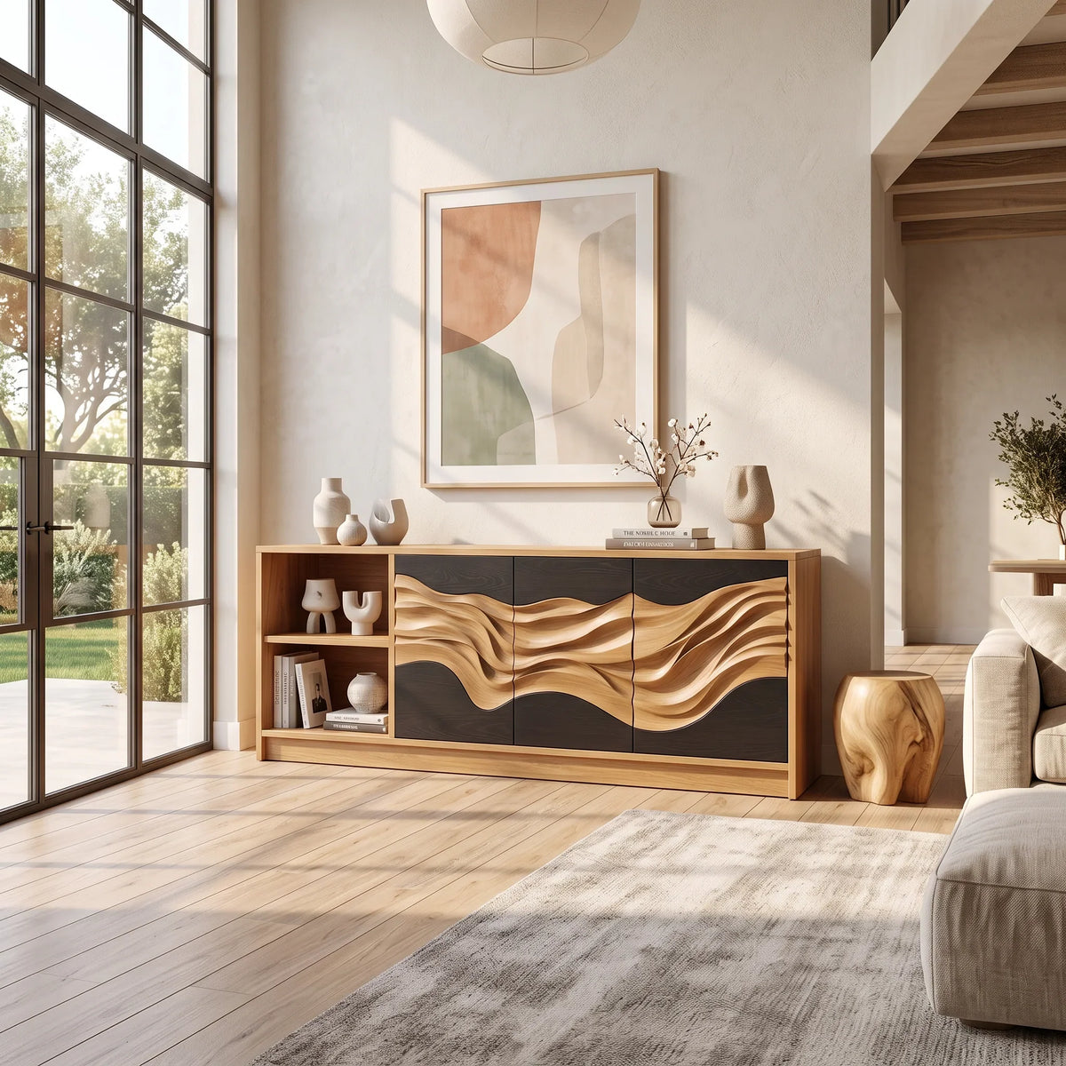 Handcrafted Ripple Carved Sideboard Cozy Dining Room