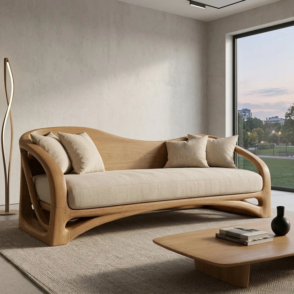 Organic Wooden Sofa With Sculptural Curved Frame For Living Room