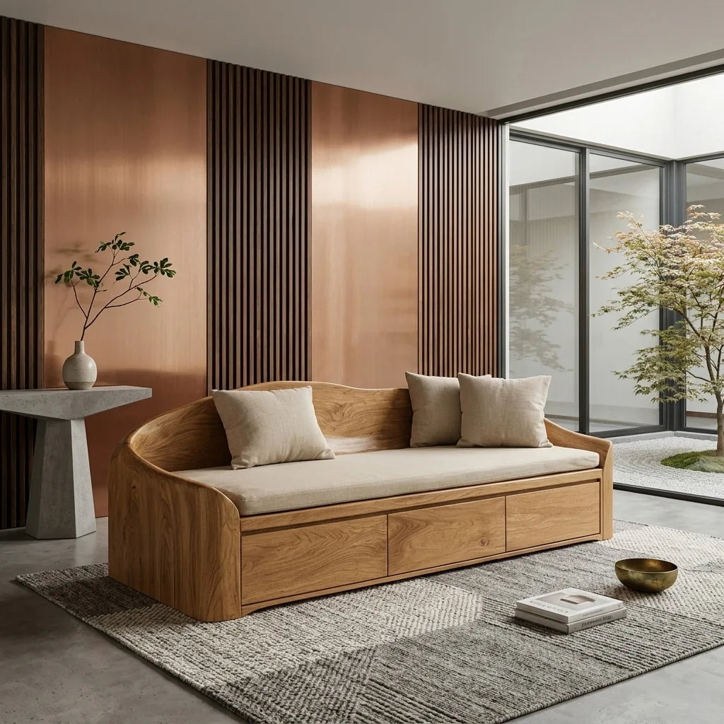 Contemporary Wooden Sofa With Drawers For Living Room