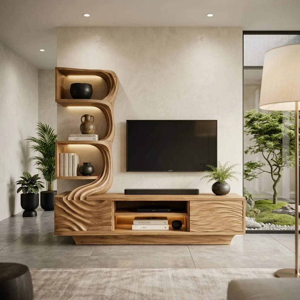 Modern Wave Carved TV Stand With Shelving For Living Room