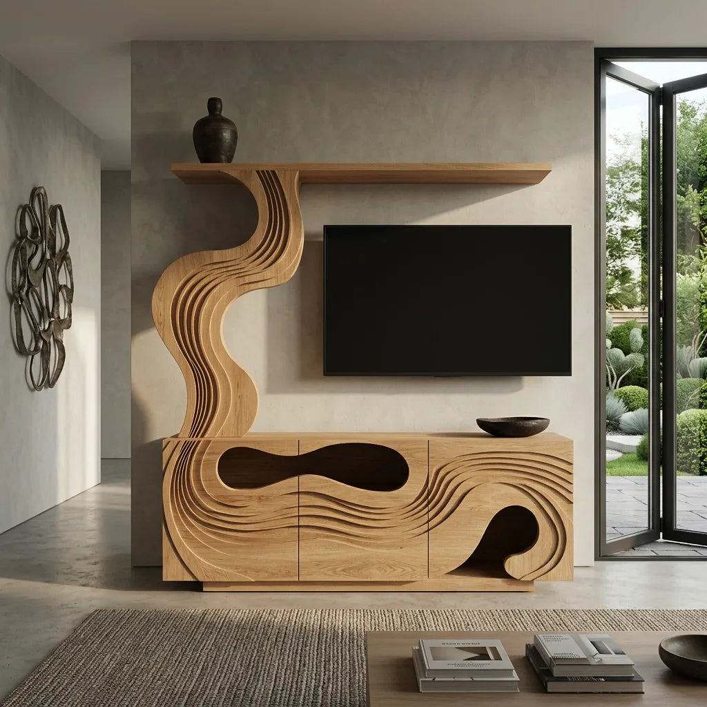 Sculptural Carved Wooden TV Stand With Display Shelf For Living Room