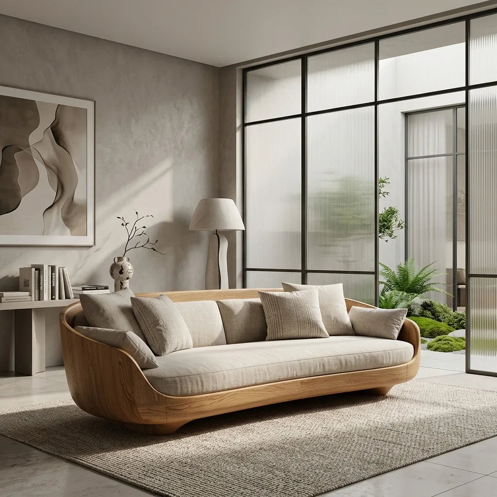 Contemporary Curved Wooden Sofa With Upholstered Seat For Living Room