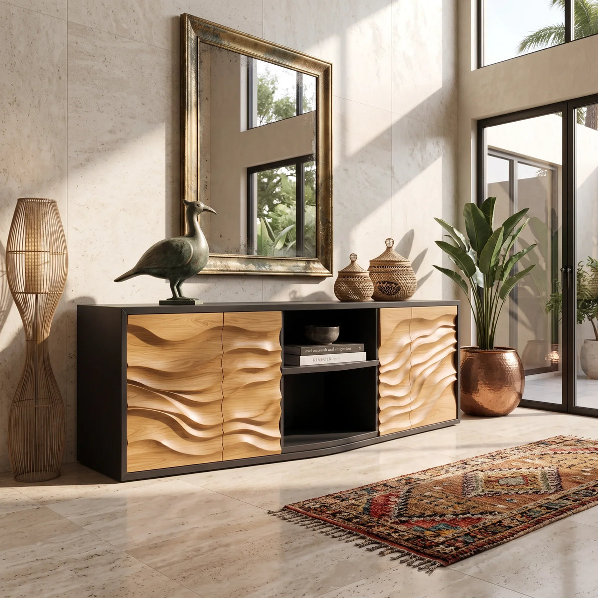 Contemporary Tall Sculpted Sideboard Bright Living Room