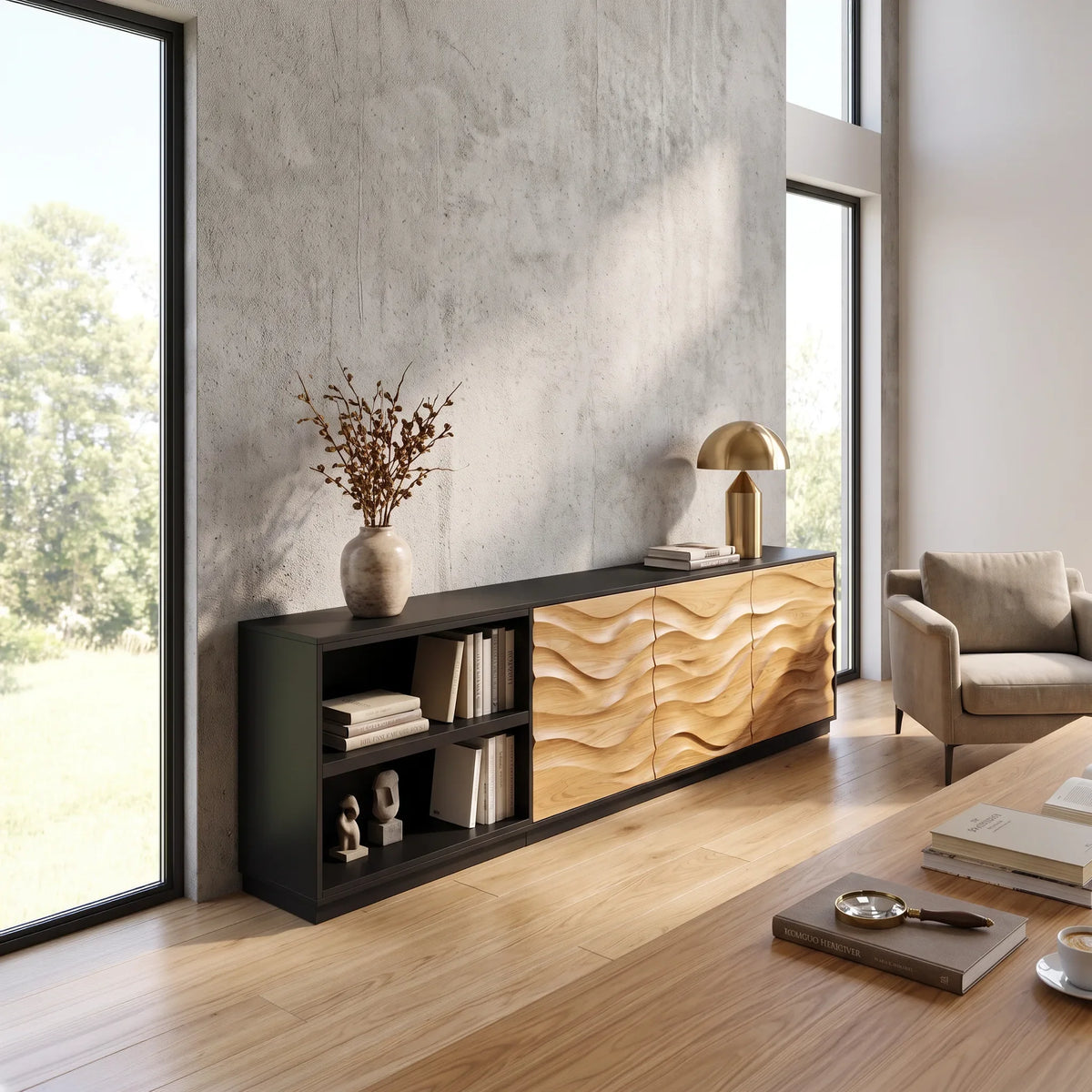 Mid Century Long Reeded Sideboard Modern Living Room