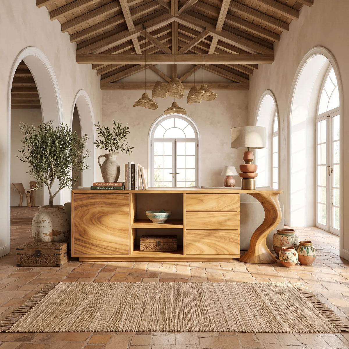 Contemporary Grooved Front Credenza Open Dining Room