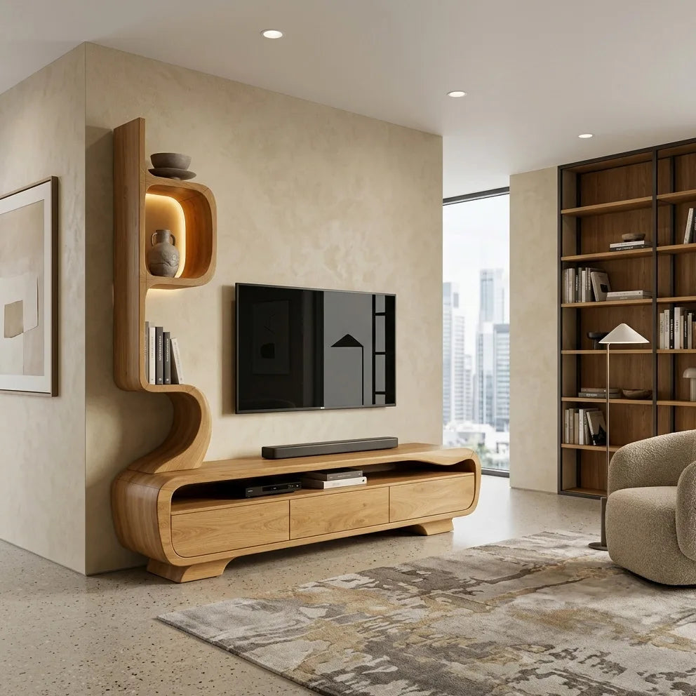 Organic Sculptural TV Console With Display Shelves For Living Room