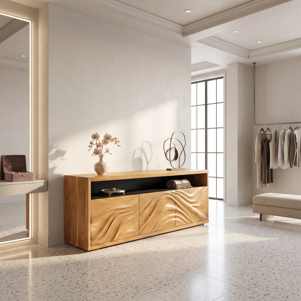 Minimalist Scalloped Carved Sideboard Bright Living Room