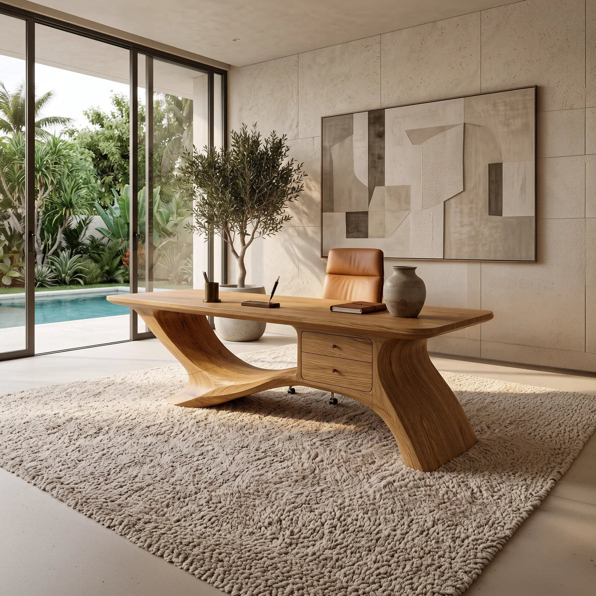 Sculptural Office Desk Organic Curved Base For Executive Office