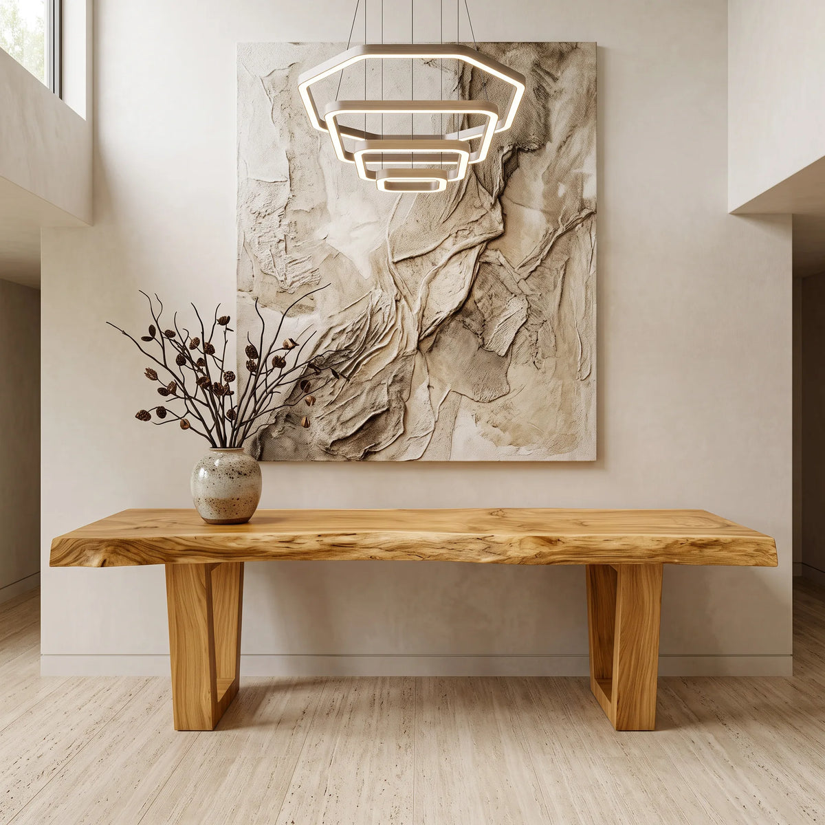 Live Edge Console Table With Geometric Legs For Hallway