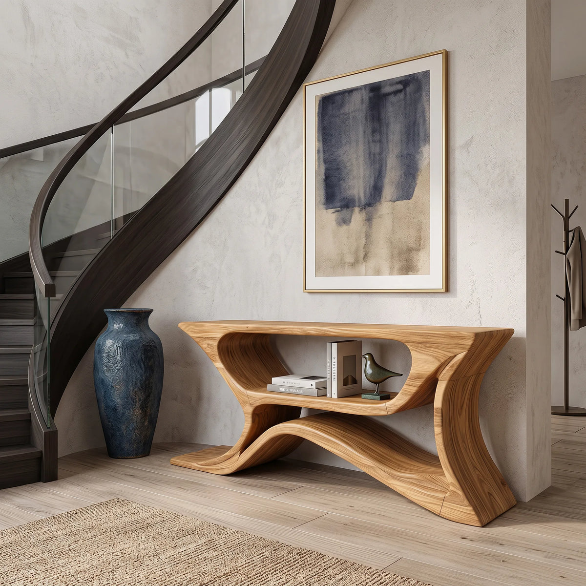 Modern Sculptural Open Shelf Console Table For Entryway