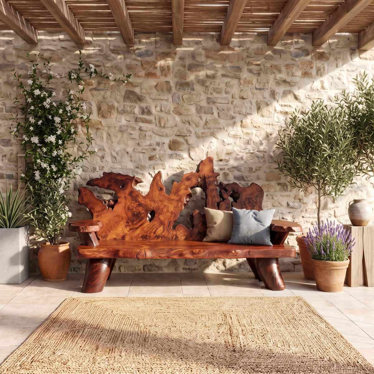 Rustic Halloween Garden Bench With Branch Inspired Backrest For Patio