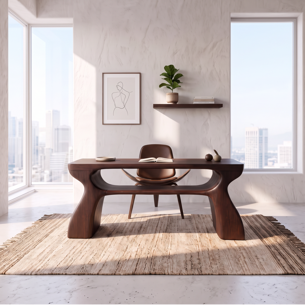 Mid Century Office Desk With Symmetrical Arch Legs For Home Office
