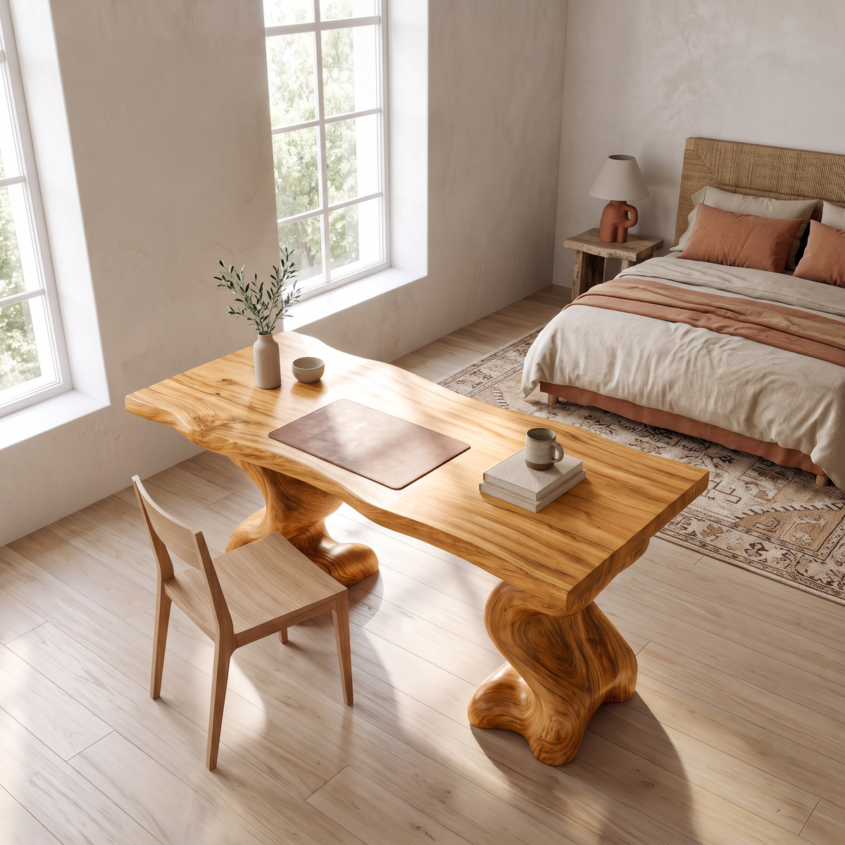 Natural Wooden Desk With Root Form Base For Workspace