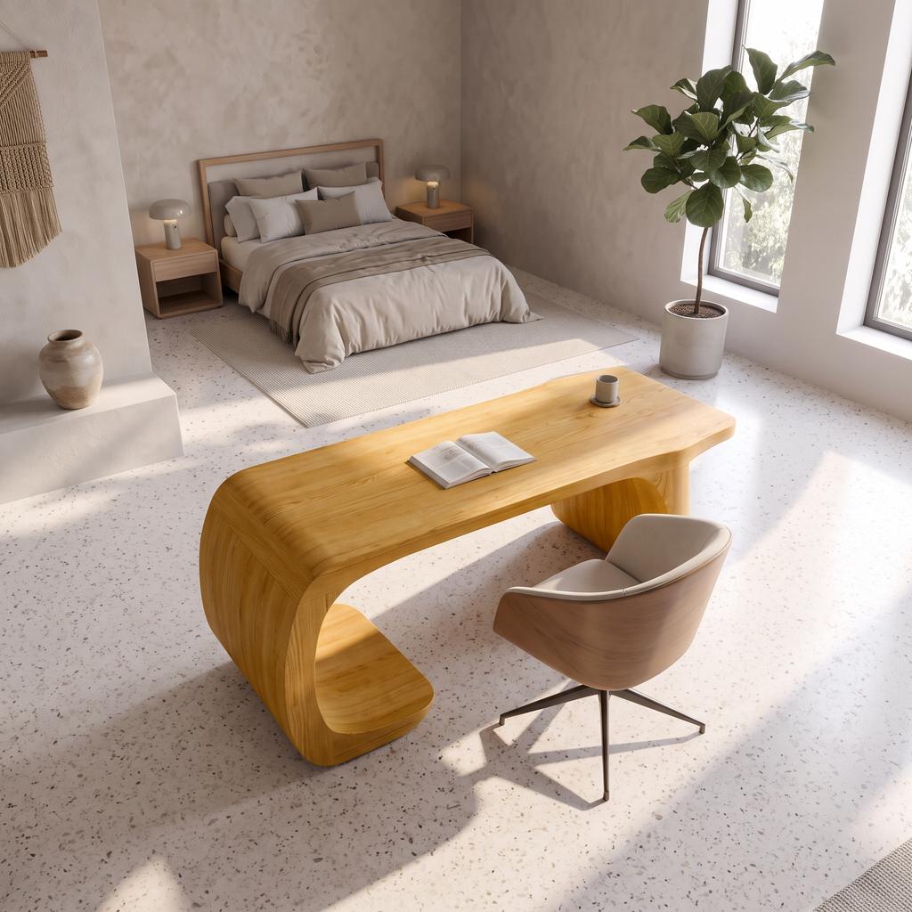 Minimalist Writing Desk With Clean Symmetrical Base For Home Office