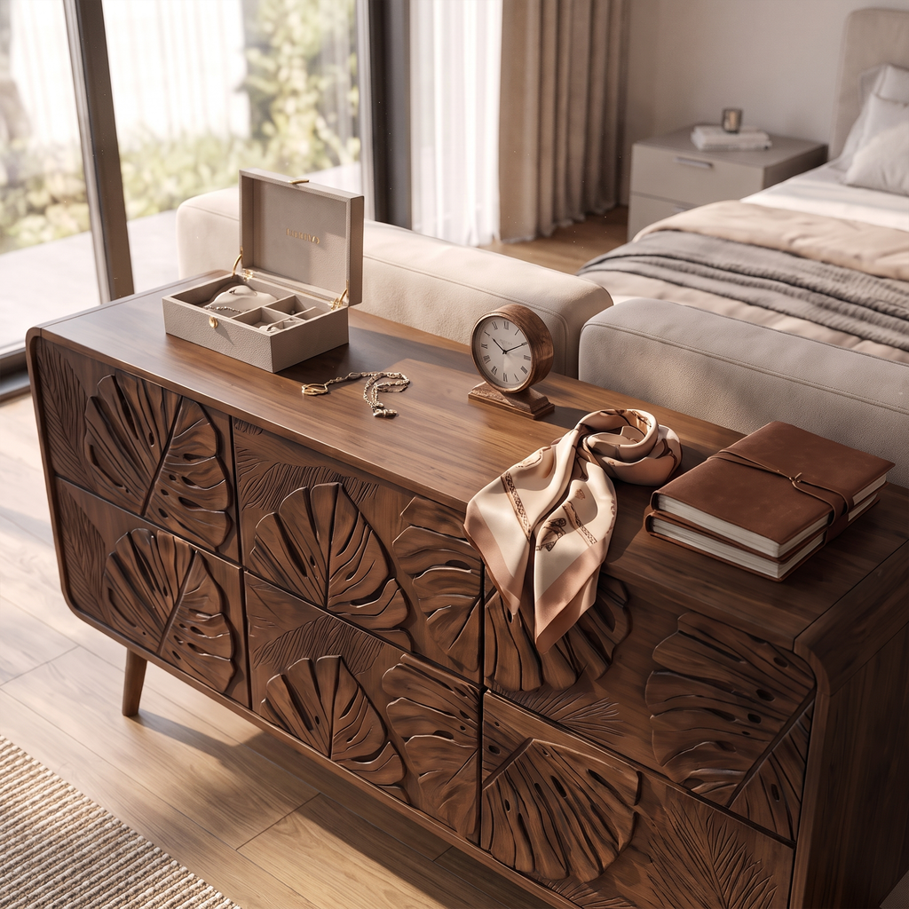 Rustic Dresser With Carved Floral Front For Bed Room