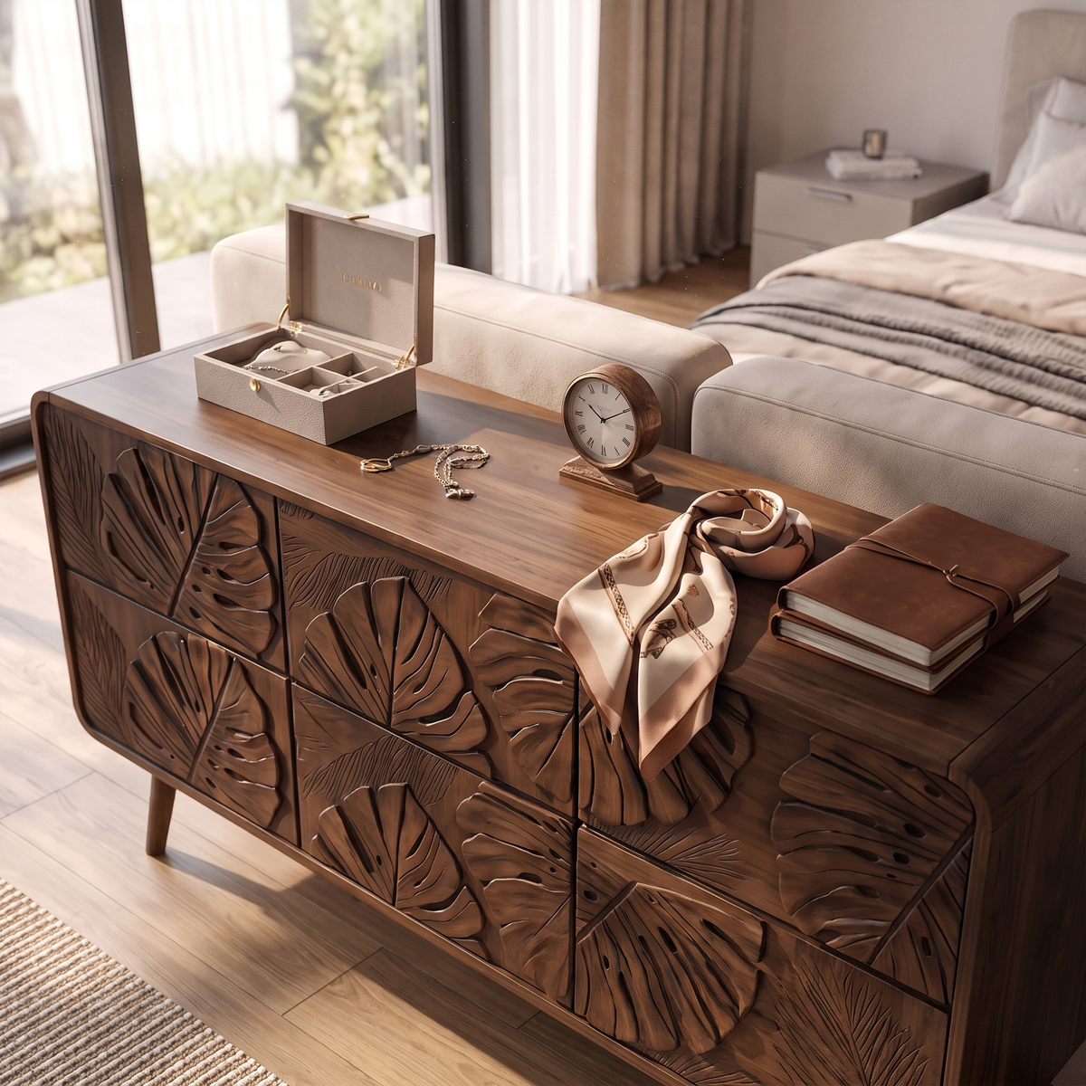 Rustic Dresser With Carved Floral Front For Bed Room