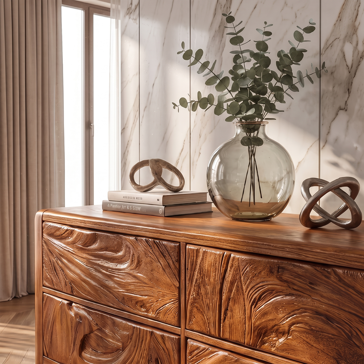 Mid Century Dresser With Carved Flowing Drawer Front For Bedroom