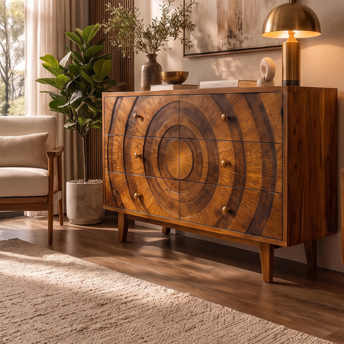 Mid Century Wooden Dresser With Concentric Circle Drawer Fronts For Bedroom