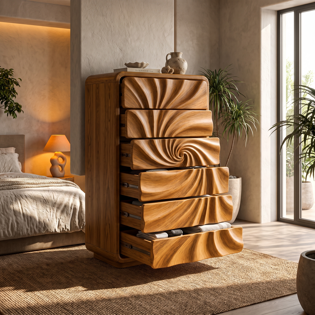 Modern Tall Dresser With Flowing Wave Drawer Design For Bedroom