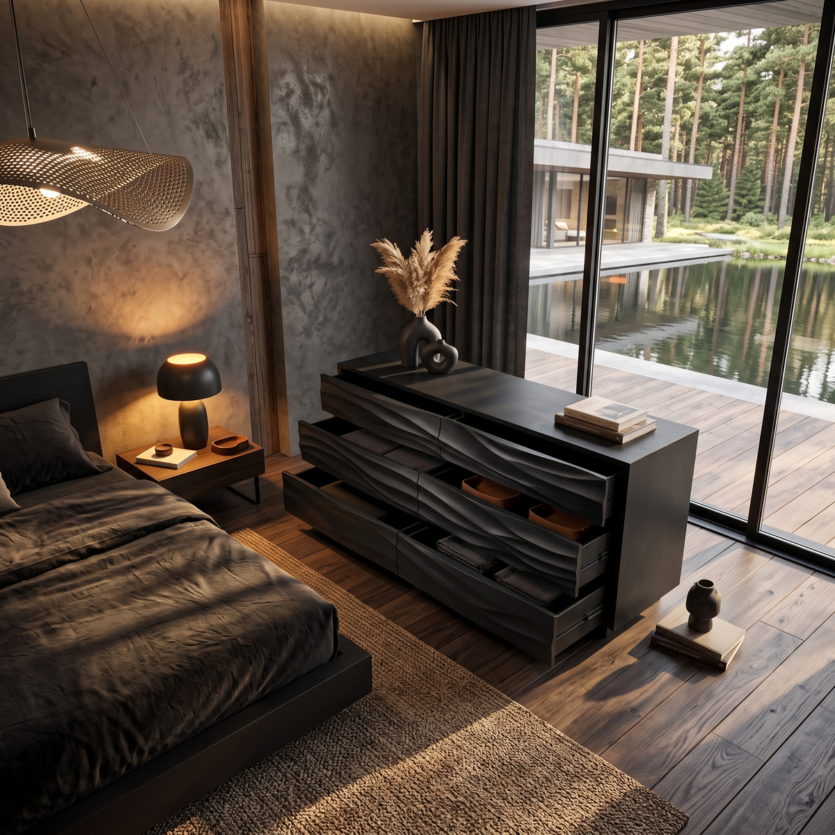 Modern Black Dresser With Wave Carved Front And Square Edge Design For Bedroom