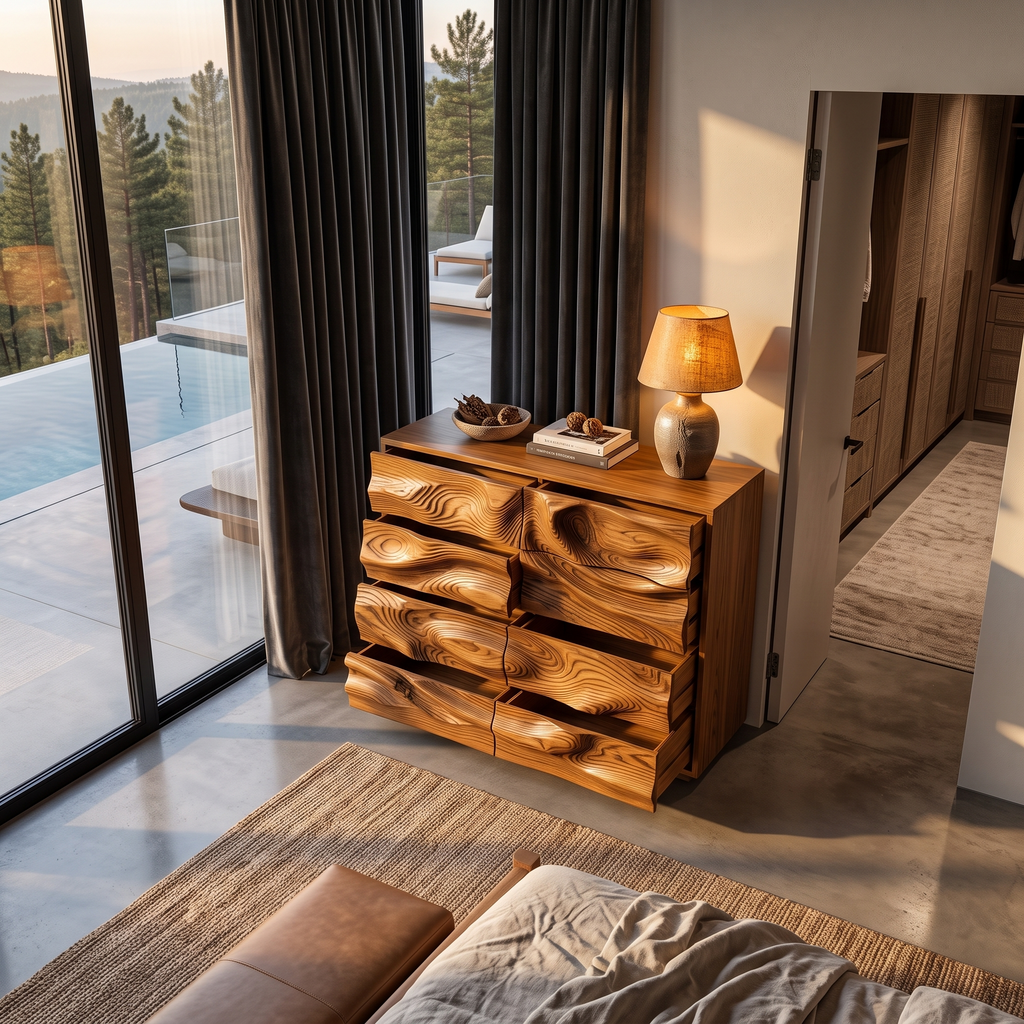 Contemporary Wooden Dresser With Sculpted Ripple Drawers For Bedroom