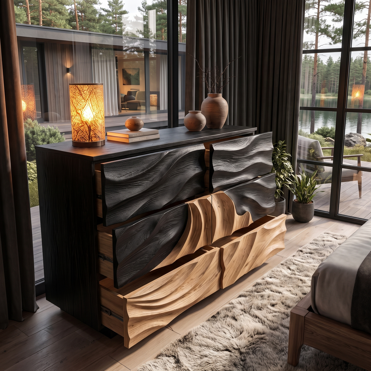 Modern Black Dresser With Light Contrast Panels For Bedroom