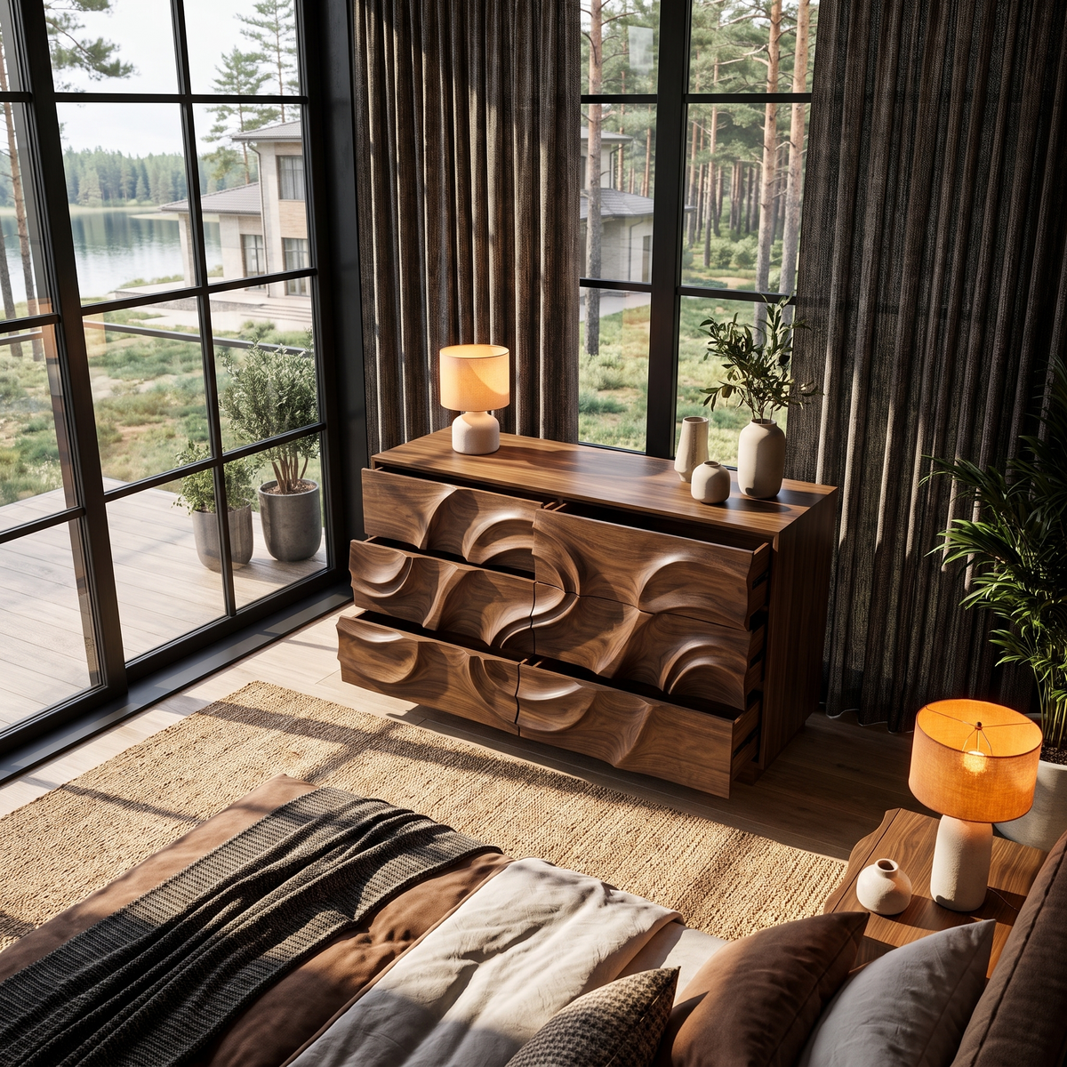 Organic Bedroom Dresser With Flowing Wave Pattern For Bedroom