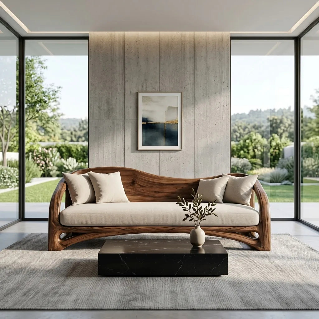 Organic Wooden Sofa With Sculptural Curved Frame For Living Room
