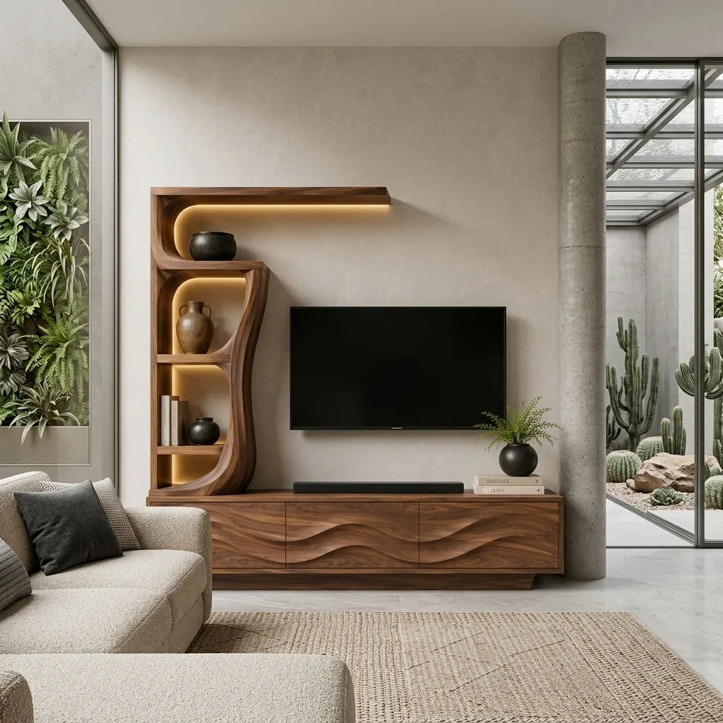Contemporary Wave Carved Wooden TV Stand With Shelf For Living Room