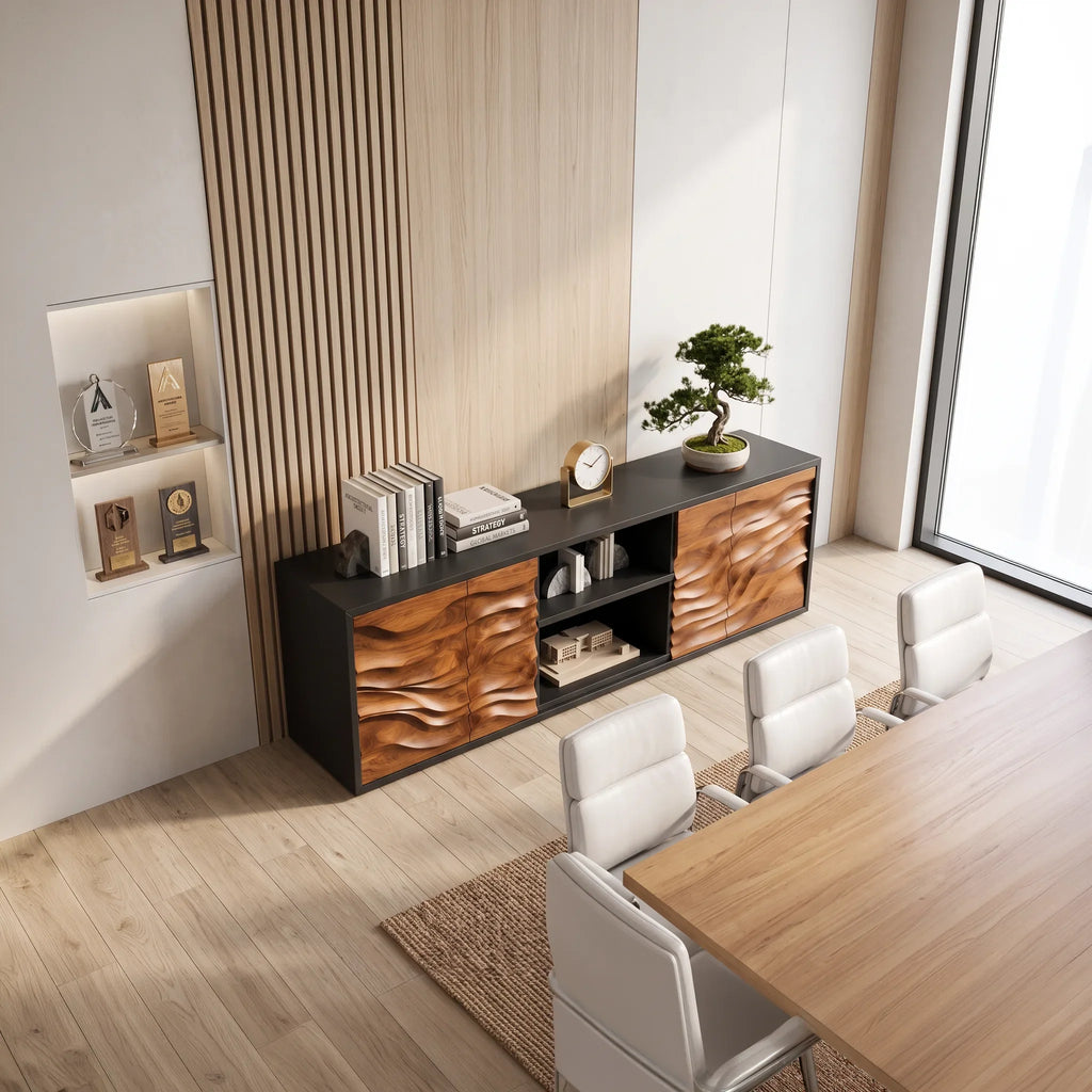 Contemporary Tall Sculpted Sideboard Bright Living Room