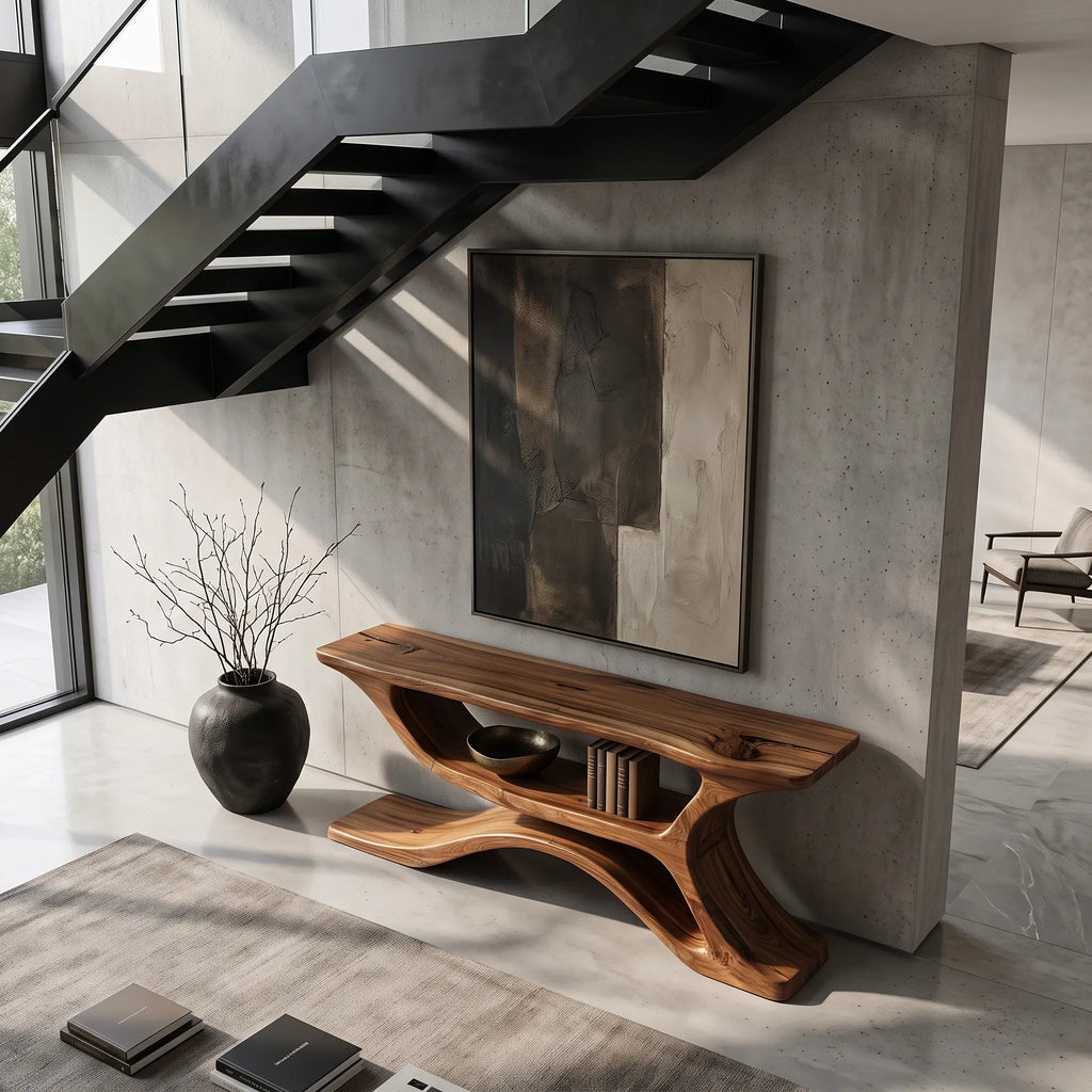 Organic Sculptural Open Shelf Console Table For Living Room