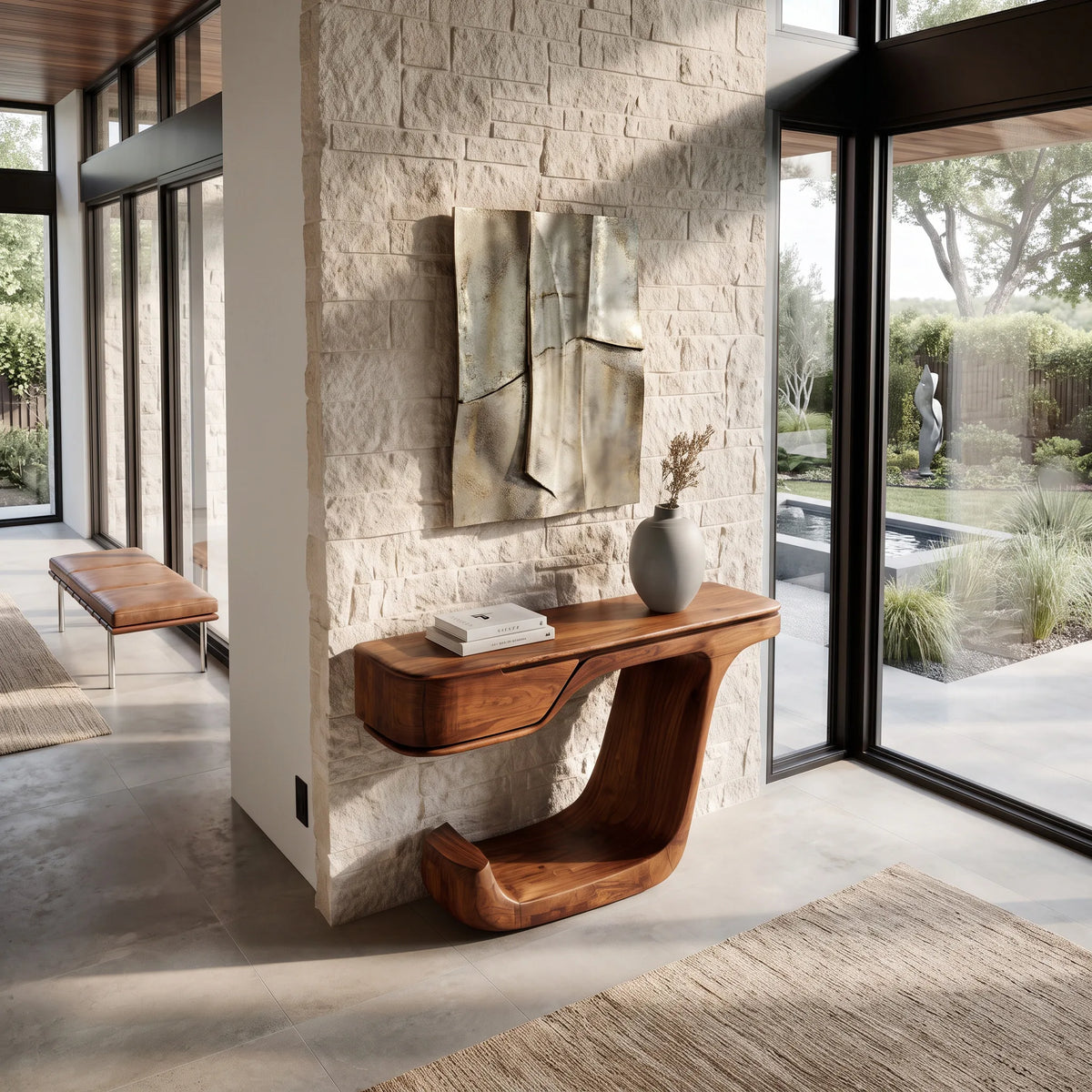 Contemporary Curved Wooden Console Table For Foyer