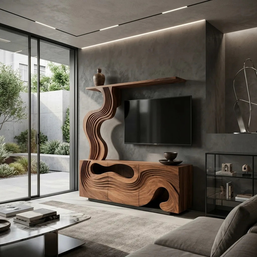 Sculptural Carved Wooden TV Stand With Display Shelf For Living Room