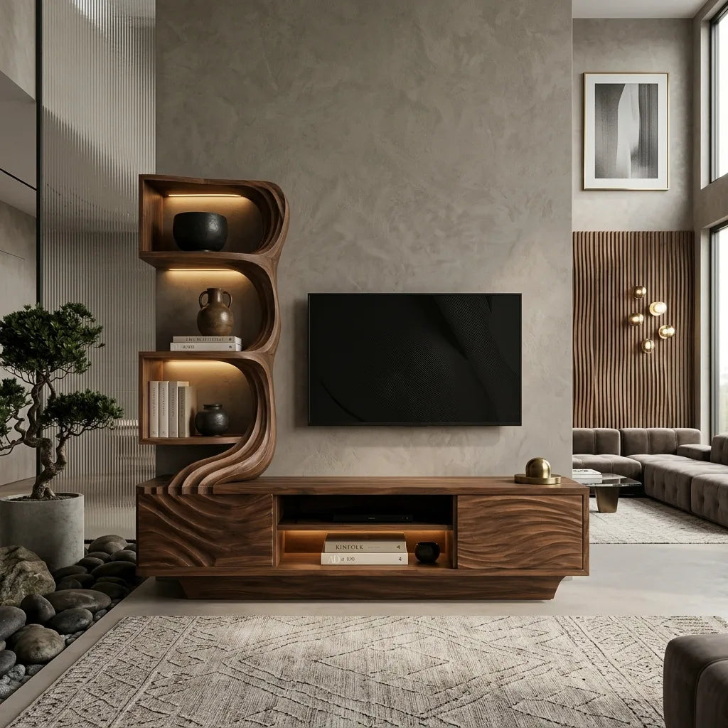 Modern Wave Carved TV Stand With Shelving For Living Room