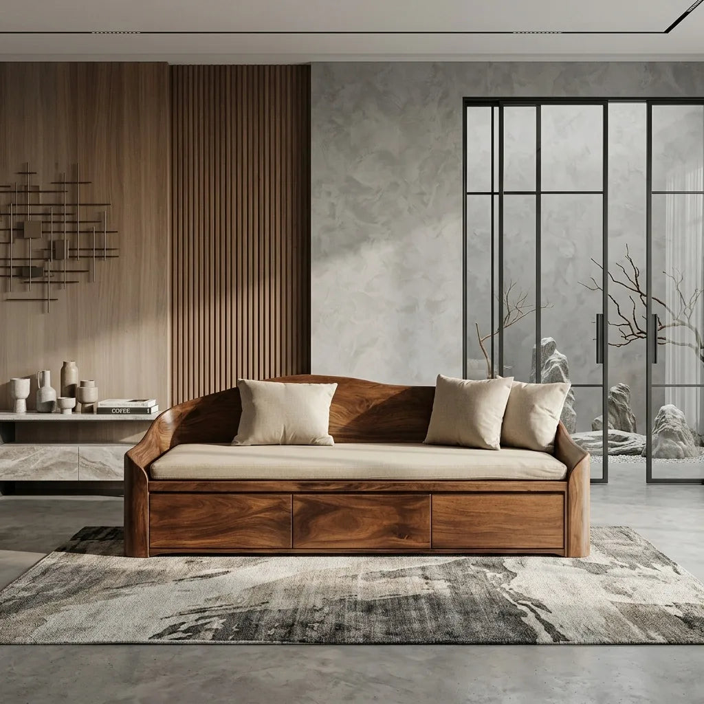 Contemporary Wooden Sofa With Drawers For Living Room
