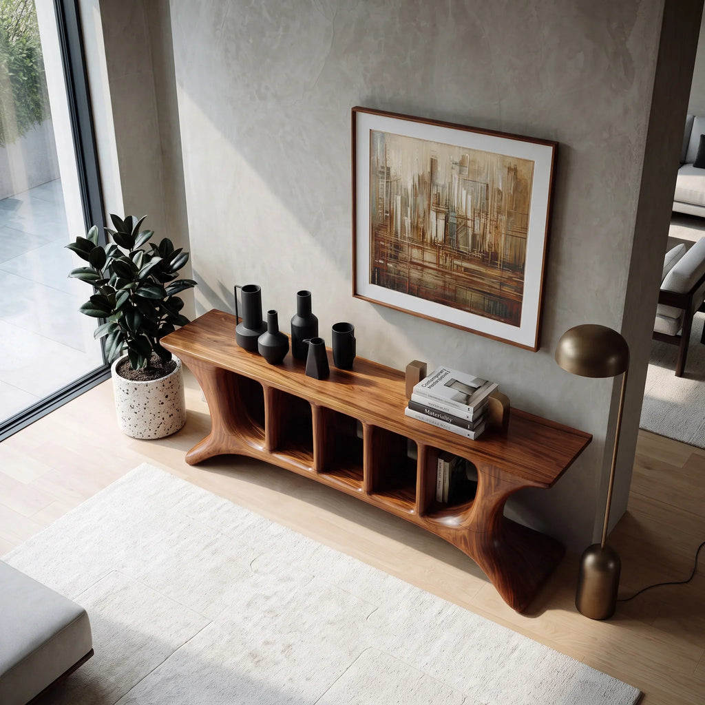 Modern Sculptural Open Shelf Console Table For Living Room