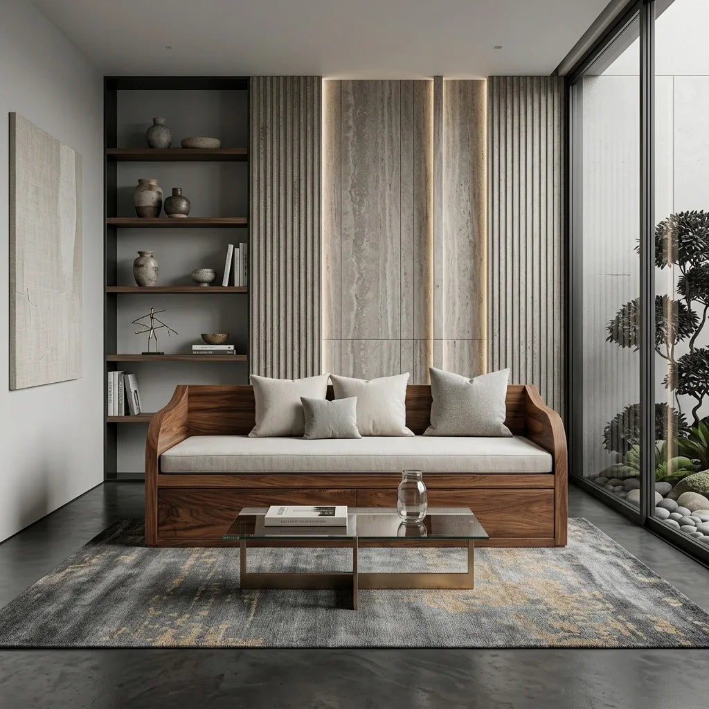 Modern Wooden Sofa With Integrated Drawers For Living Room