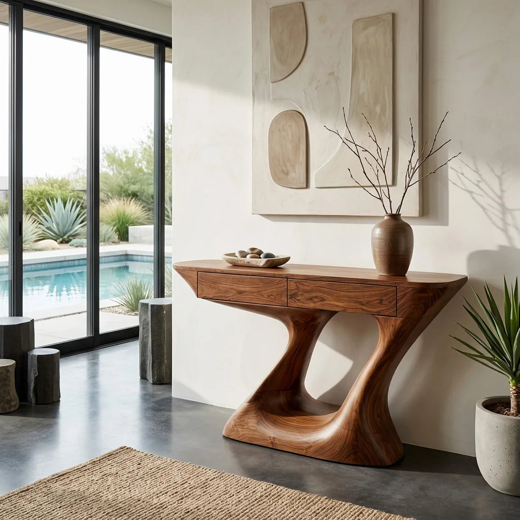 Organic Modern Sculptural Console Table With Drawers For Entryway