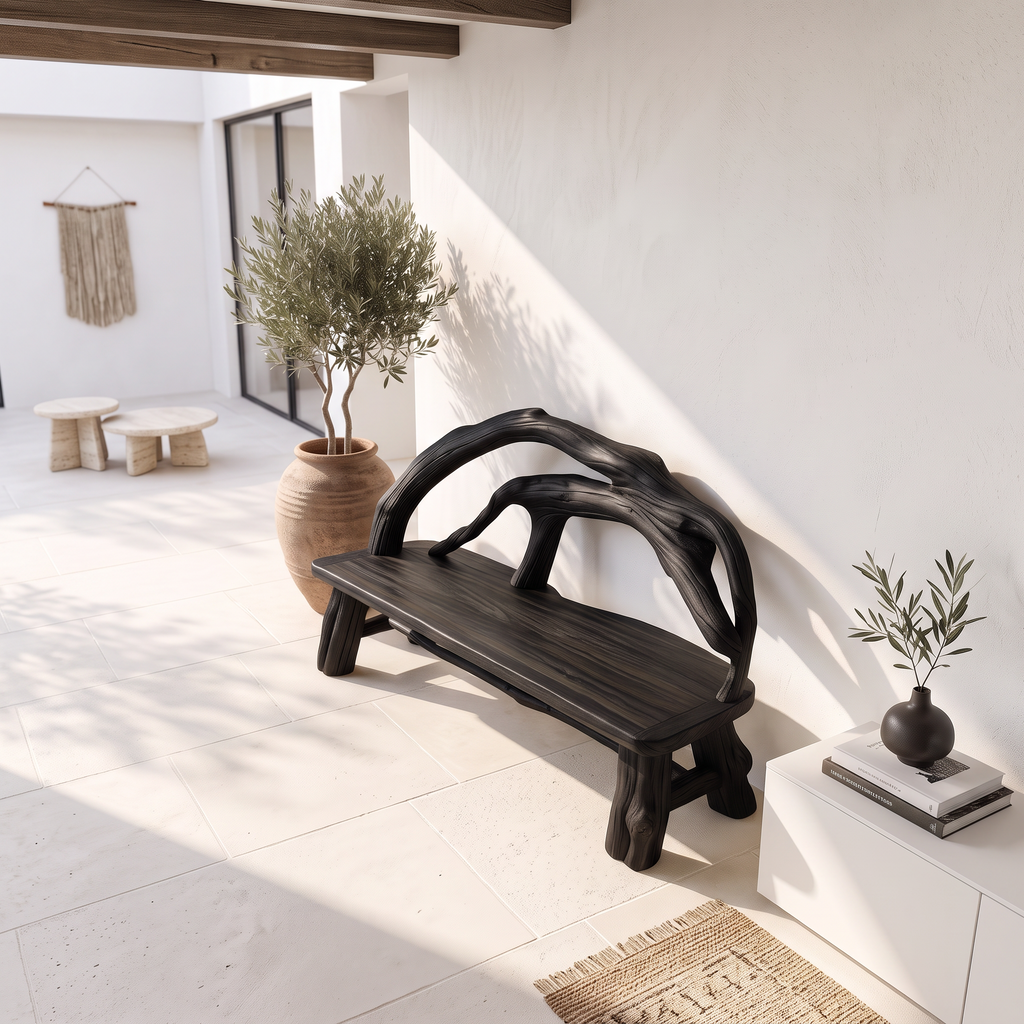 Rustic Halloween Patio Bench With Carved Vine Inspired Back For Porch