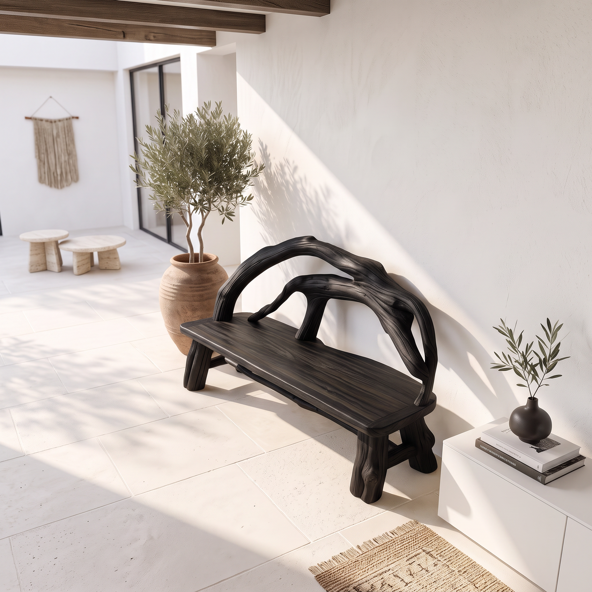 Rustic Halloween Patio Bench With Carved Vine Inspired Back For Porch