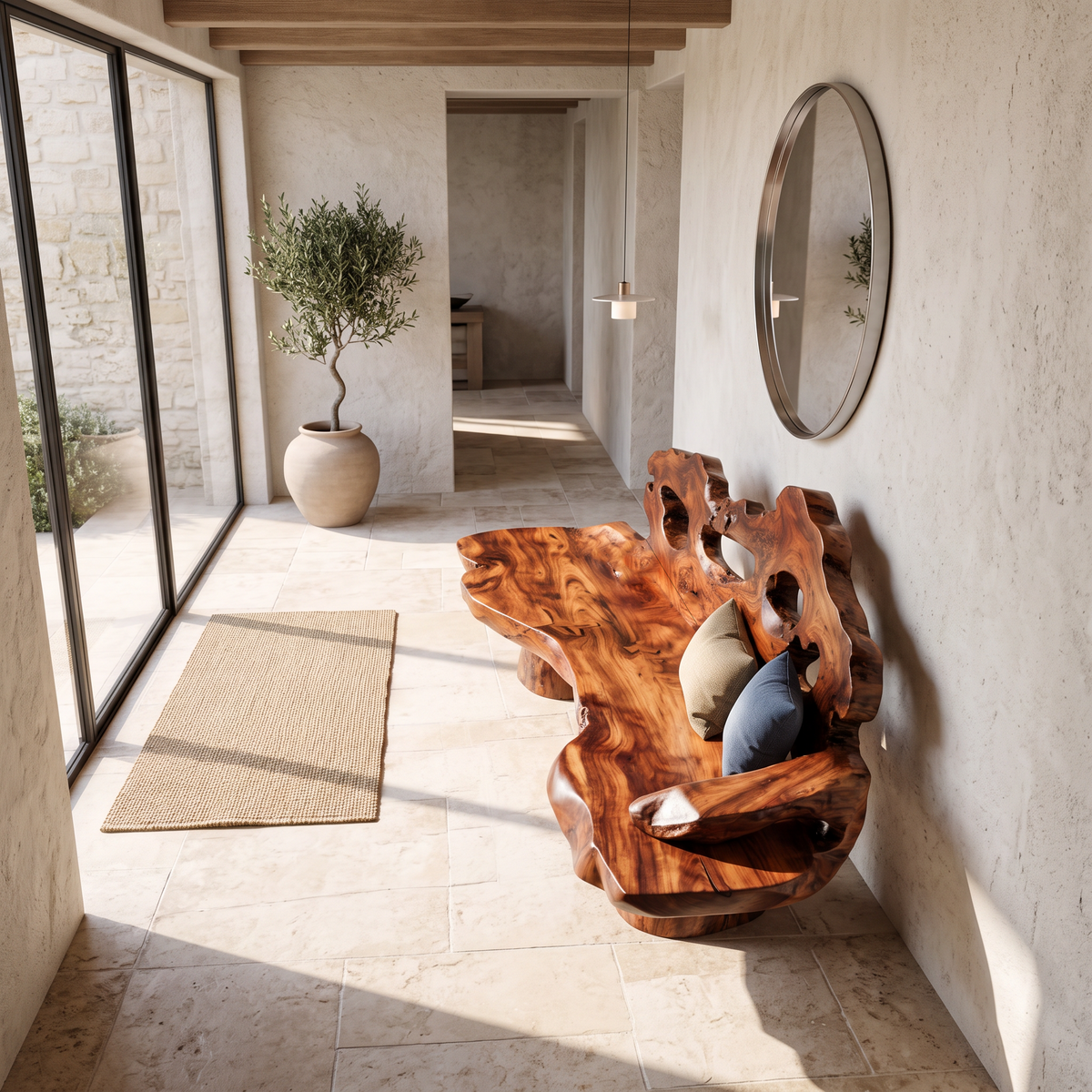 Natural Halloween Porch Bench With Root Inspired Legs And Carved Backrest