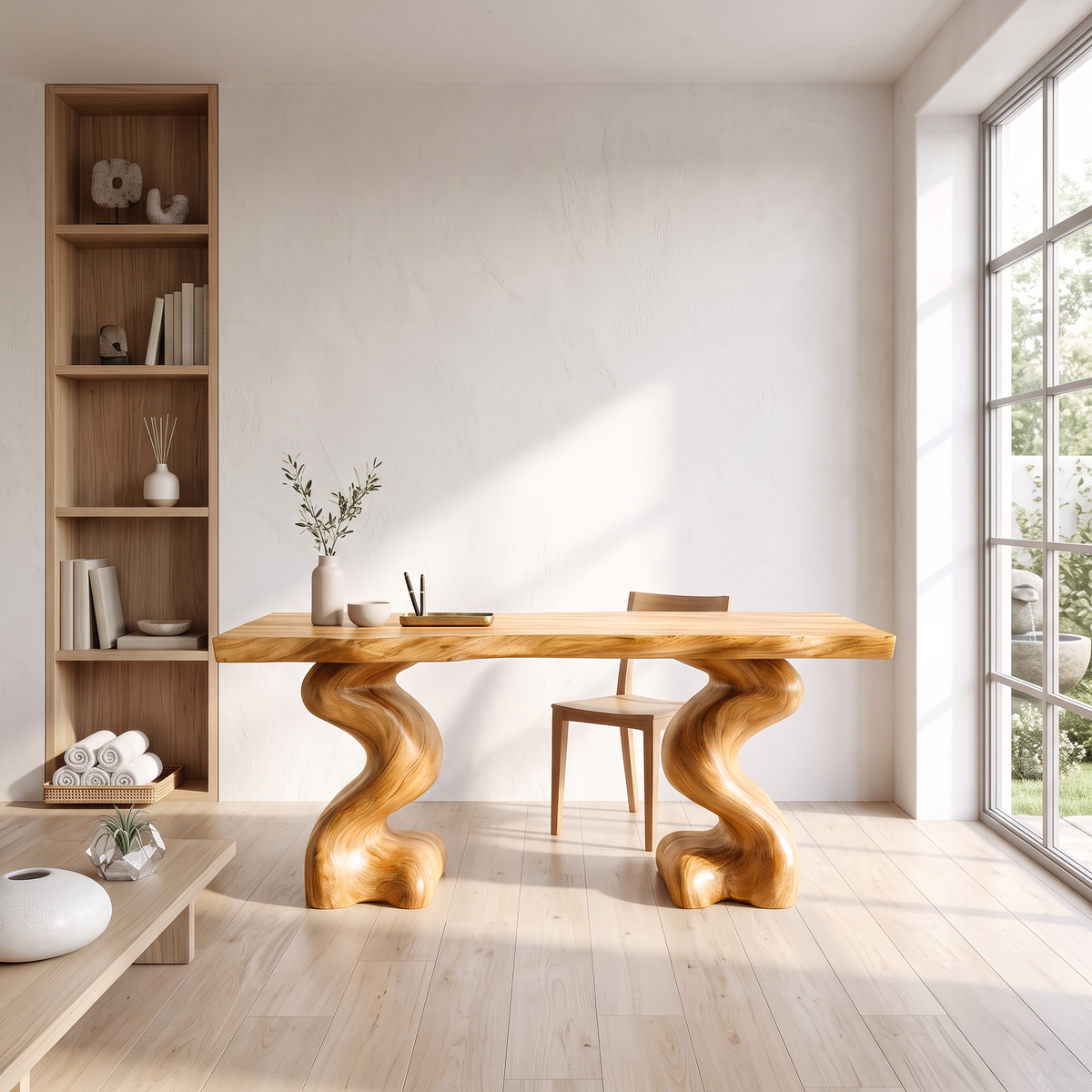 Natural Wooden Desk With Root Form Base For Workspace