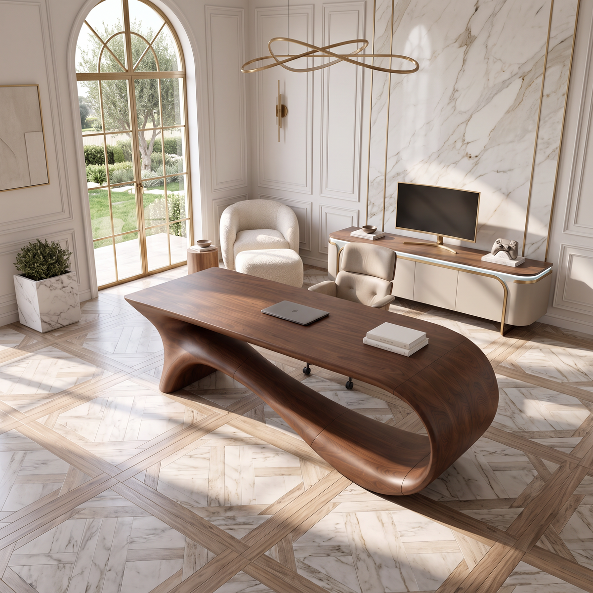 Contemporary Office Desk With Asymmetrical Curved Legs For Workspace