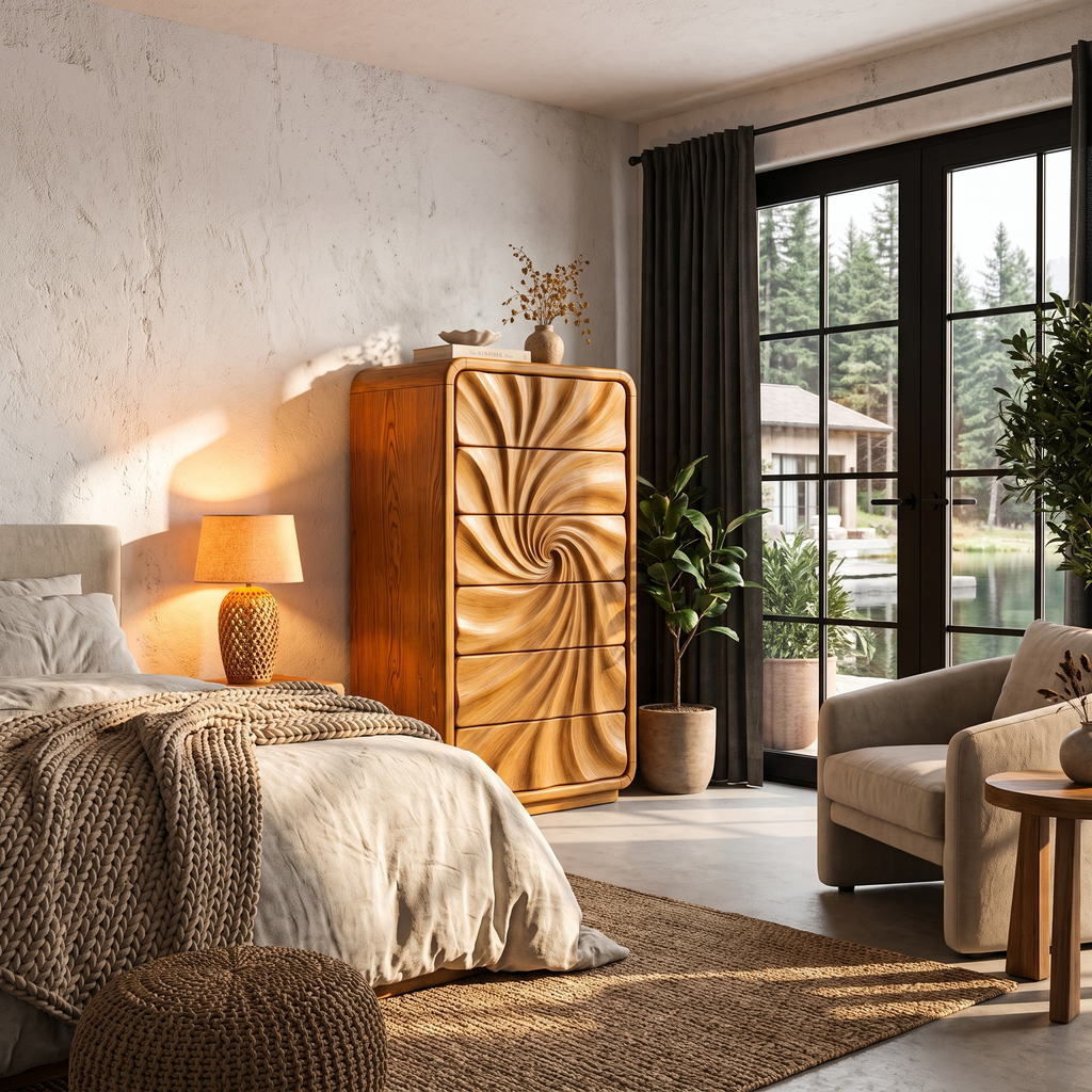 Modern Tall Dresser With Flowing Wave Drawer Design For Bedroom