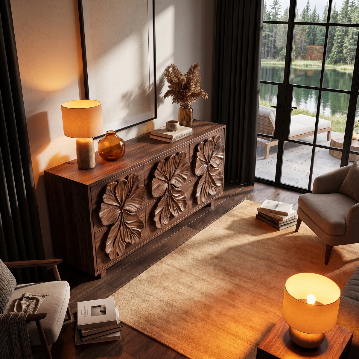 Rustic Bedroom Dresser With Hand Carved Floral Drawer Fronts And Natural Form For Bedroom