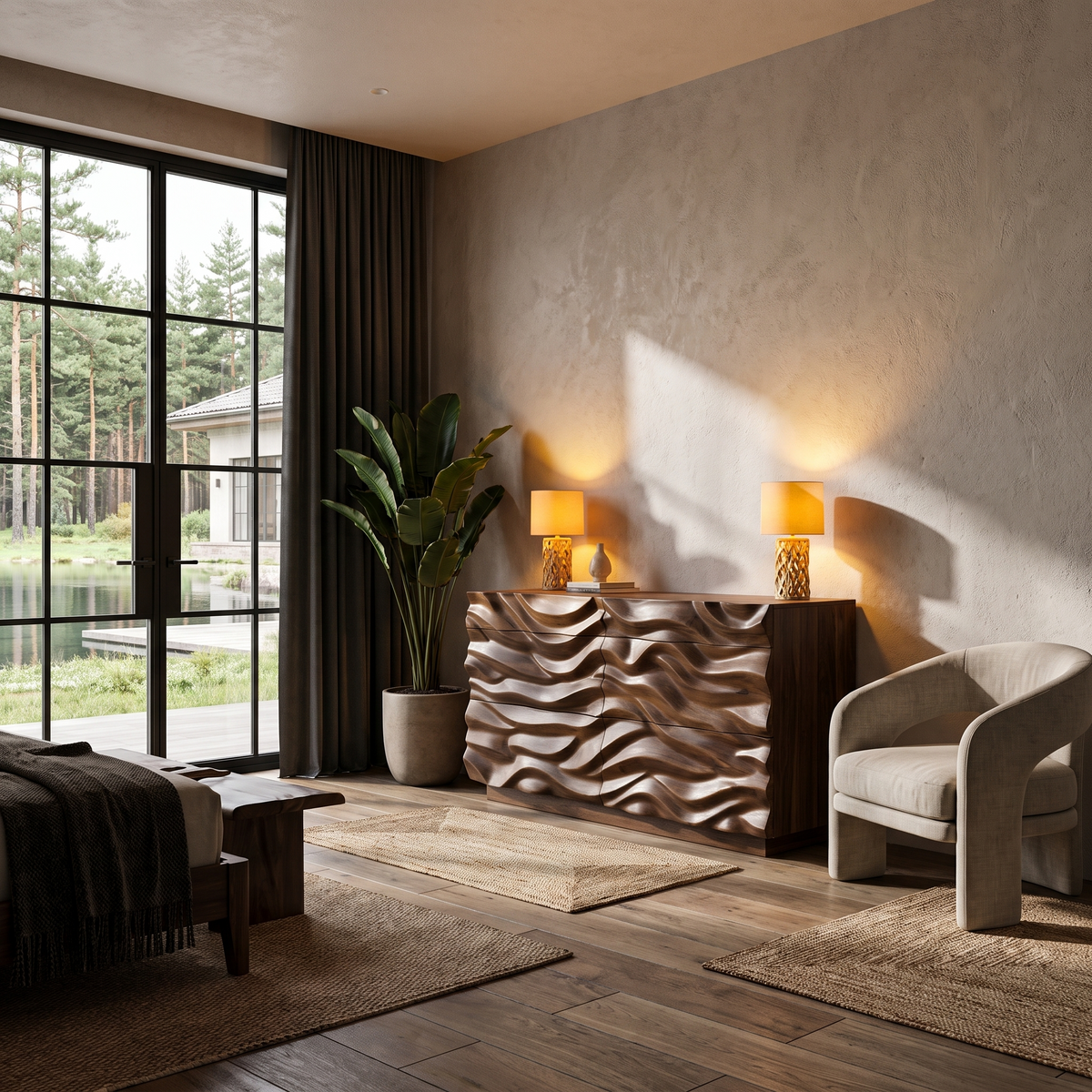 Modern Dresser With Sculpted Wave Front For Bedroom