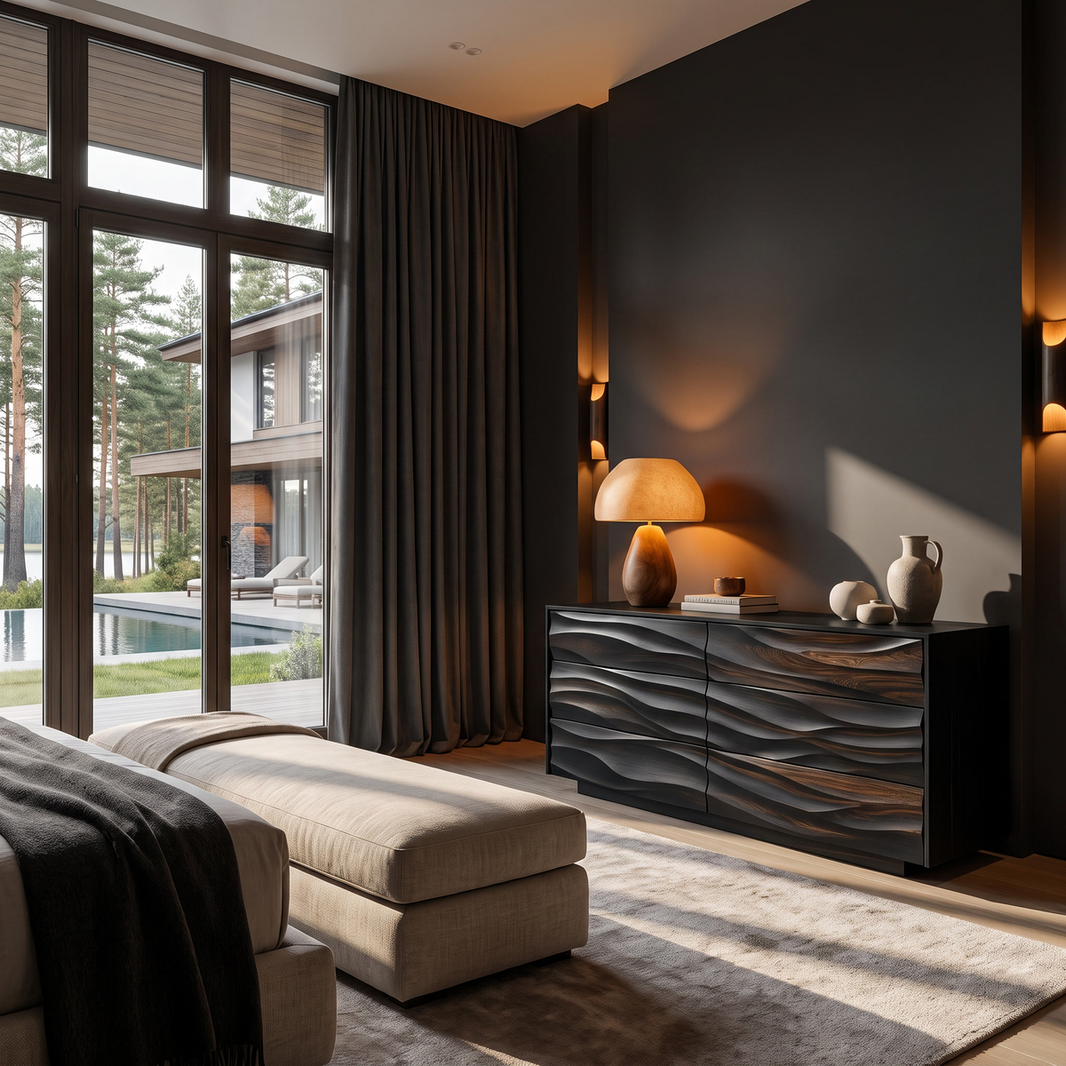 Modern Black Dresser With Wave Carved Front And Square Edge Design For Bedroom